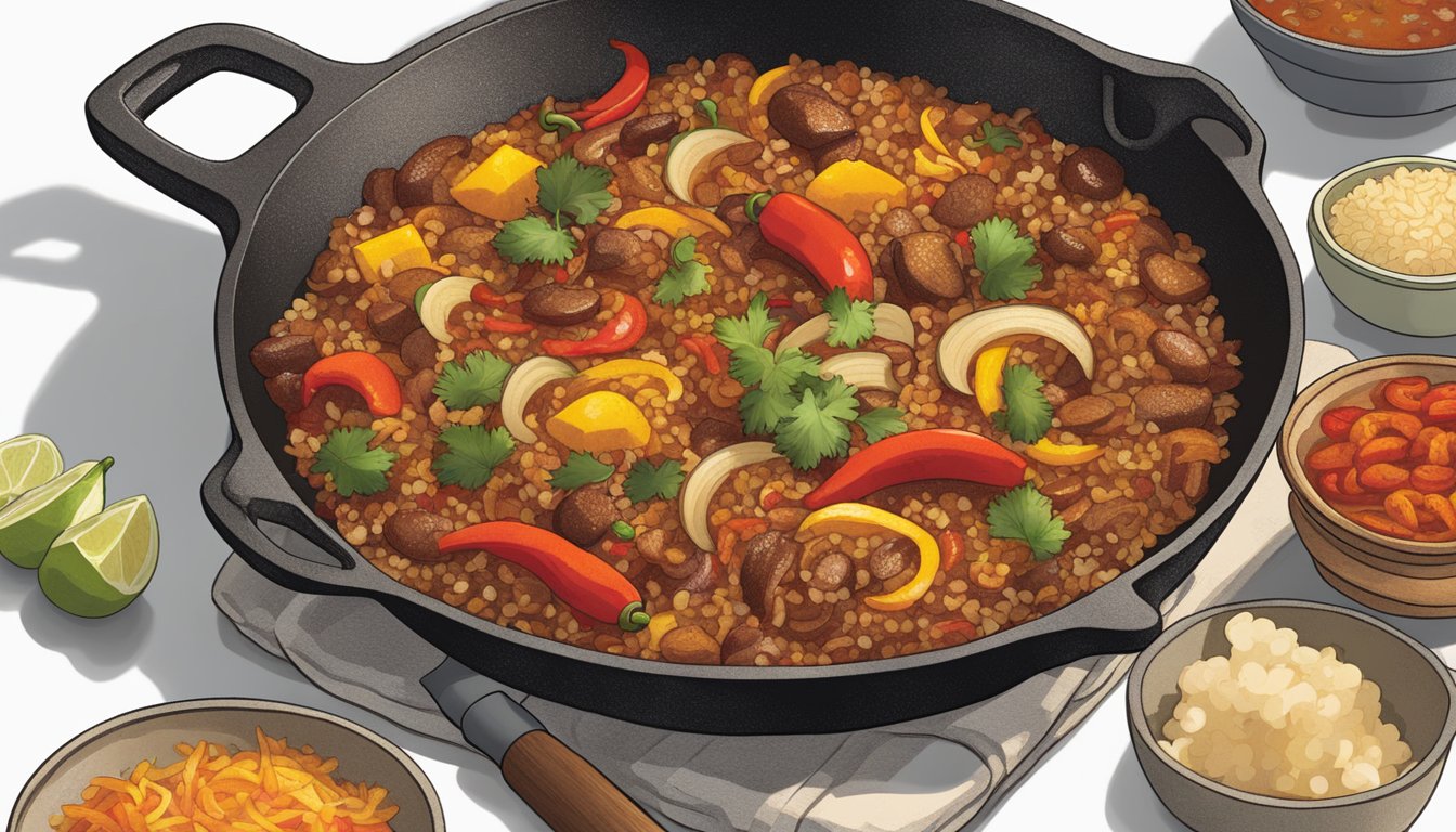 A large cast-iron skillet sizzles over an open flame, filled with sautéed onions, bell peppers, and spicy chorizo, as a mix of rice and rich broth simmers nearby