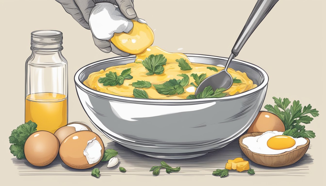 A hand mixing eggs, cream, and local ingredients in a bowl for a Texas-style quiche