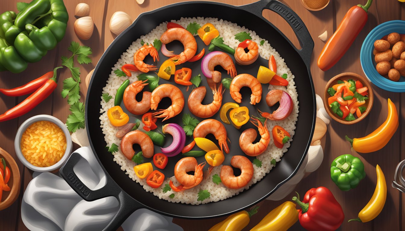 A large cast iron skillet filled with sizzling sausages, shrimp, and rice, surrounded by colorful bell peppers and onions cooking over an open flame