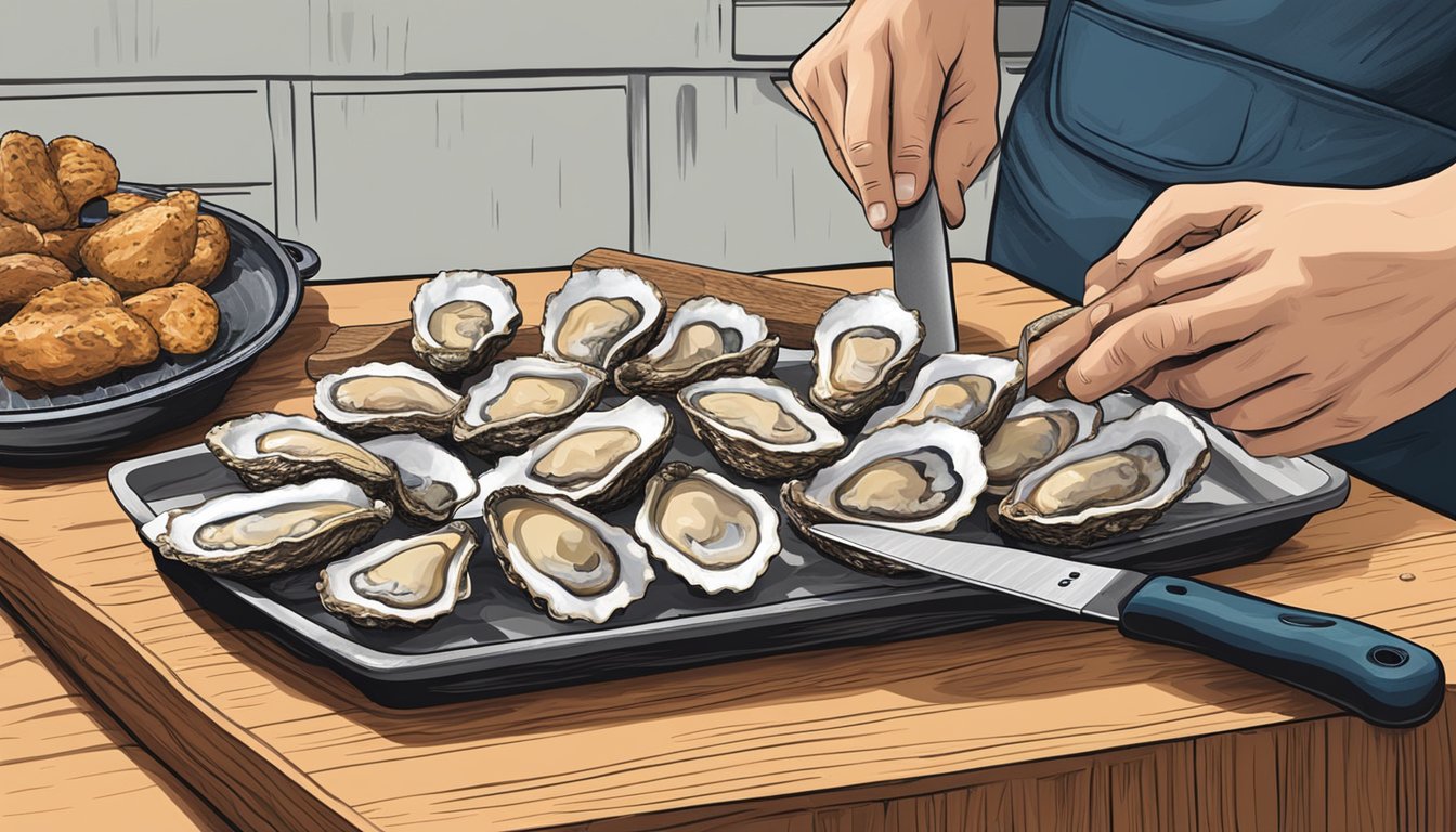 A hand holding an oyster knife, a cutting board, and a grill with Texas Gulf oysters ready to be shucked and grilled