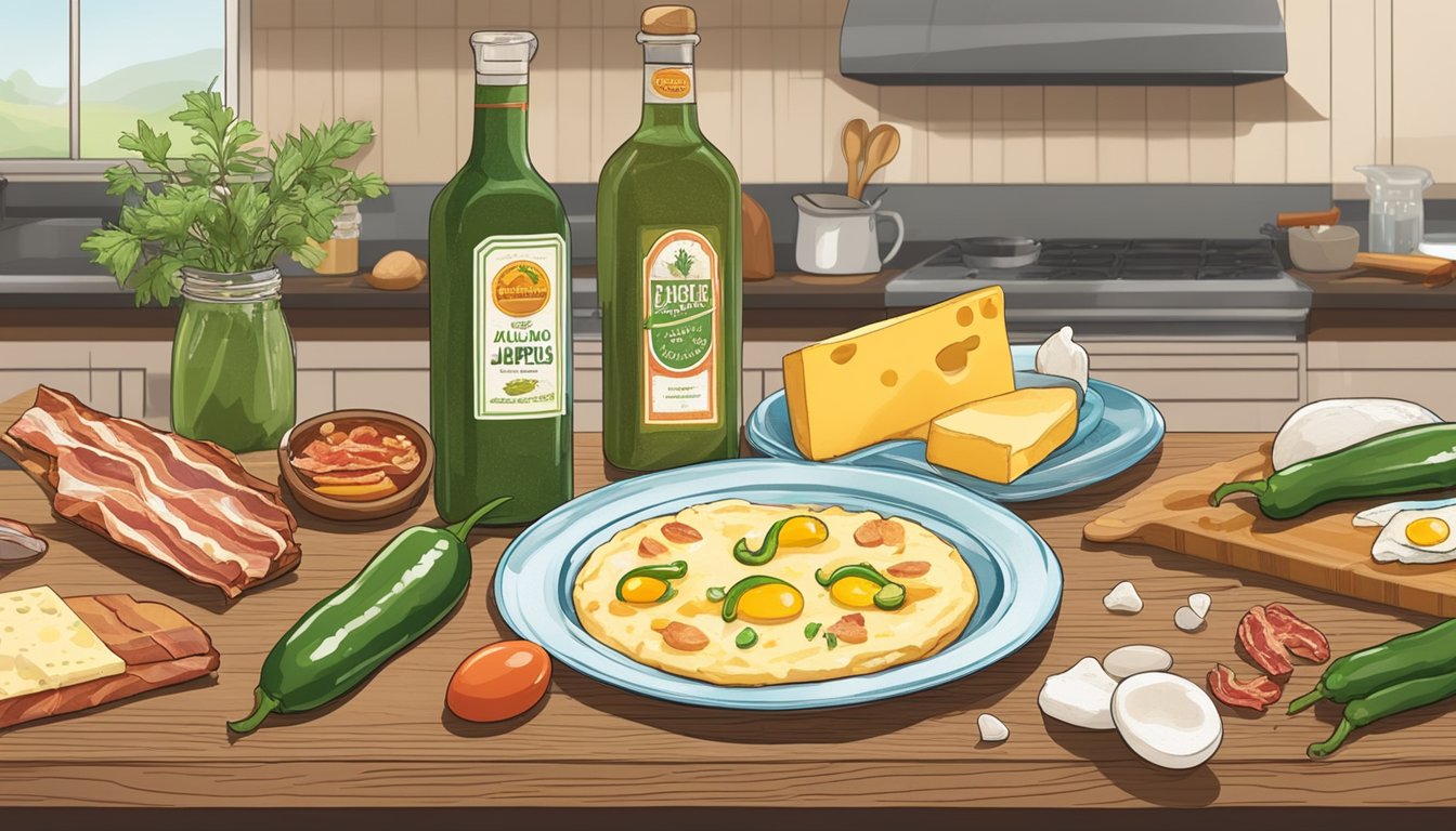 A kitchen counter with a rolling pin, eggs, cheese, bacon, and jalapenos, surrounded by Texas-inspired decor and local ingredients