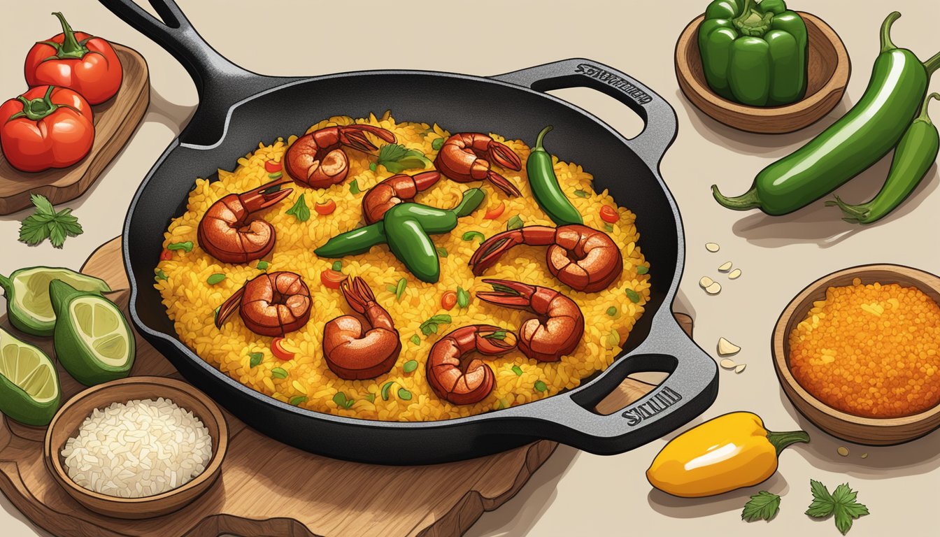 A large cast iron skillet filled with sizzling chorizo, shrimp, and spicy jalapenos, surrounded by bowls of saffron-infused rice, tomatoes, and bell peppers