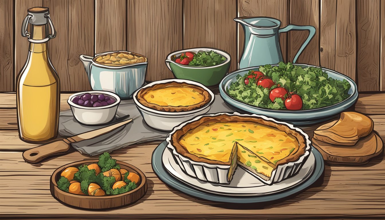 A rustic wooden table set with fresh local ingredients and a baked Texas-style quiche, ready for serving