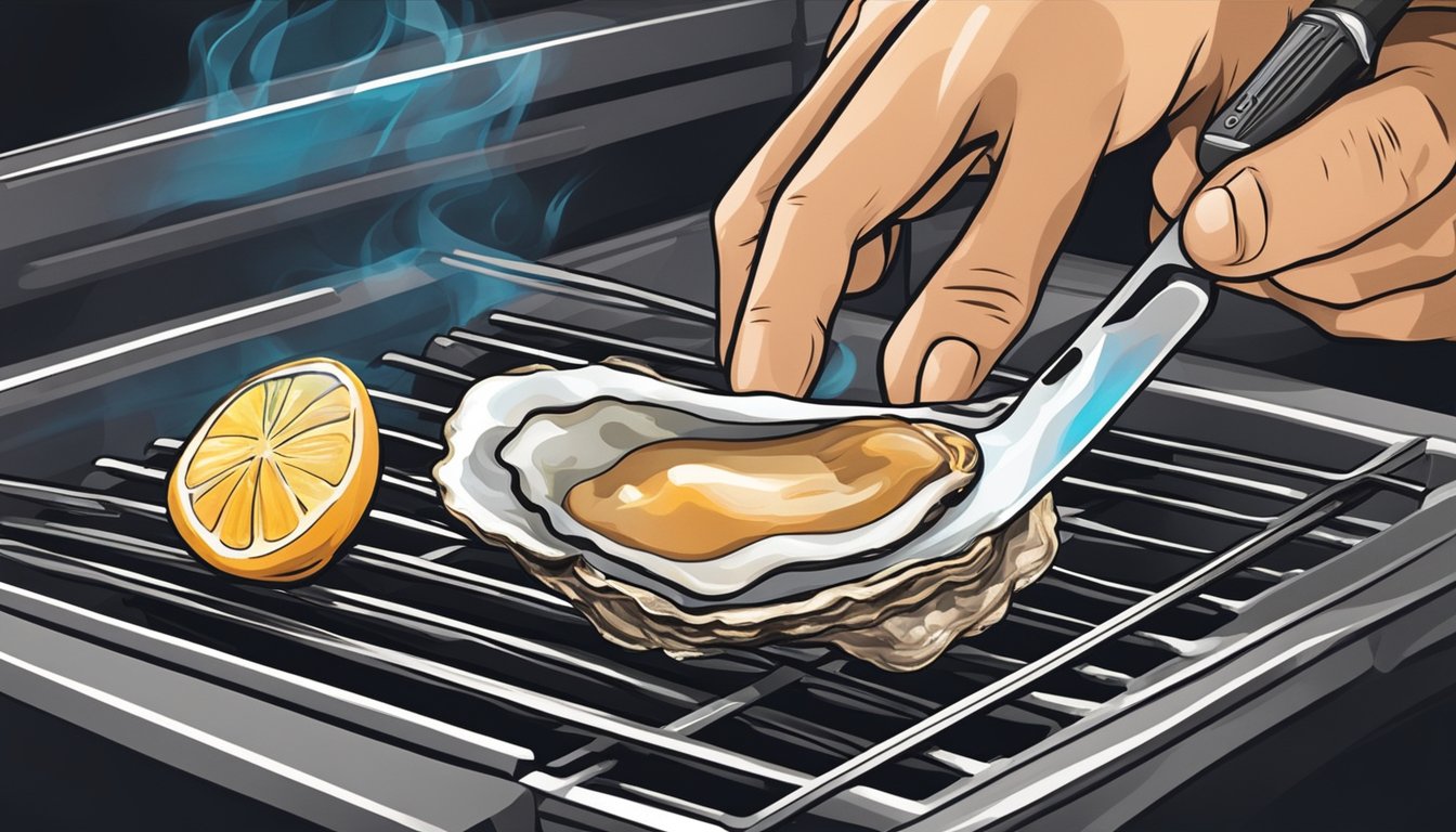 A hand holding an oyster knife, shucking an oyster over a grill with flames in the background