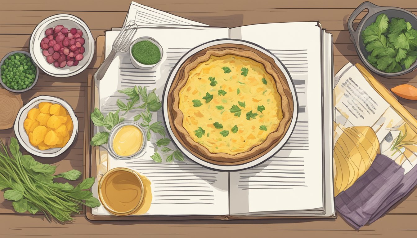 A kitchen counter with fresh local ingredients, a mixing bowl, and a recipe book open to a page on making Texas-style quiche