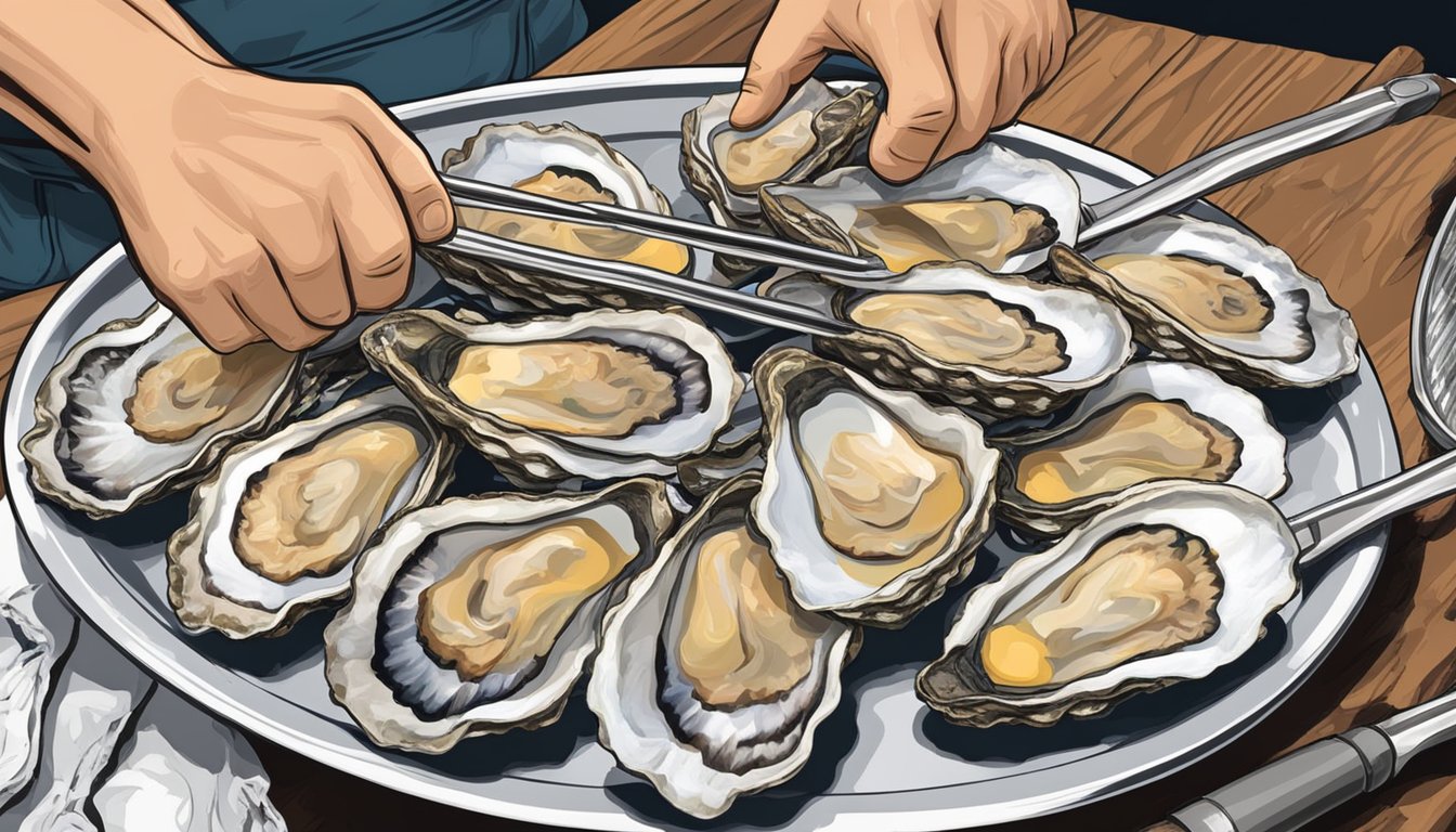 A hand holding an oyster knife and a pair of grilling tongs, with a pile of fresh Texas Gulf oysters ready to be shucked and grilled