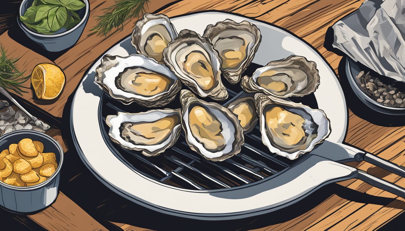 An oyster being shucked and placed on a grill over hot coals