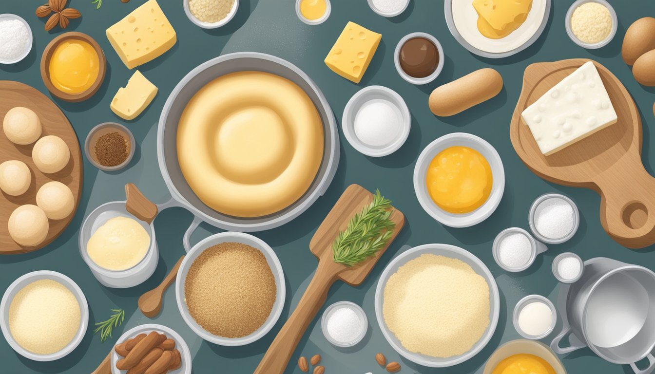 A kitchen counter with ingredients for Texas kolaches, including flour, yeast, sausage, and cheese, surrounded by mixing bowls and measuring cups