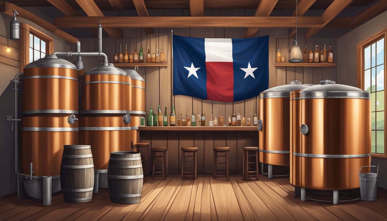 A rustic Texas brewery with copper brewing tanks, wooden barrels, and a Texas flag hanging on the wall