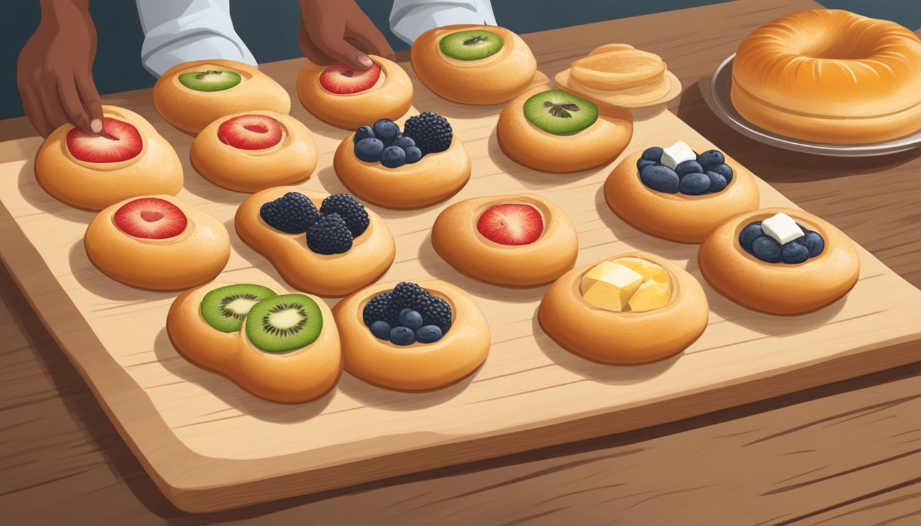 A baker arranges freshly baked Texas kolaches on a wooden cutting board. Fillings of sausage, cheese, and fruit are visible