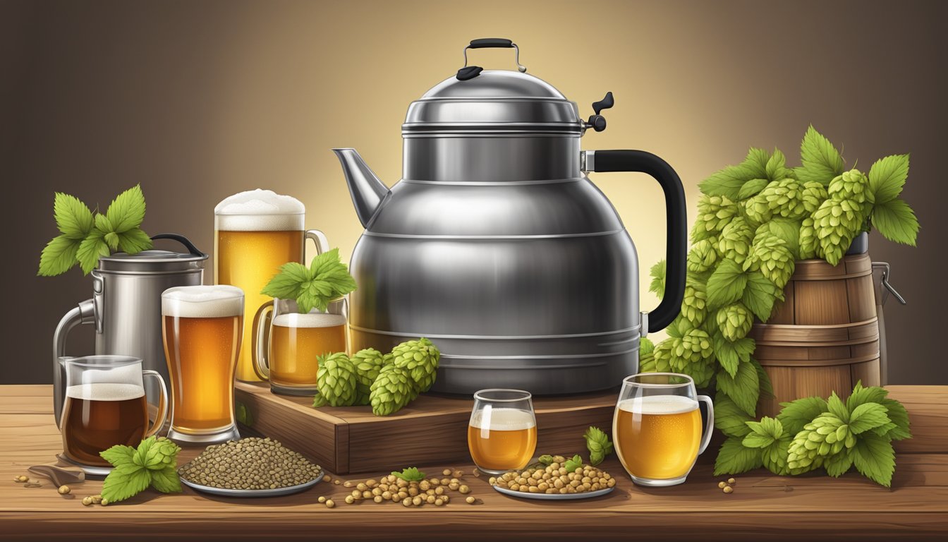 A rustic wooden table holds a variety of brewing equipment including a large stainless steel kettle, glass fermentation vessels, and a selection of hops and grains