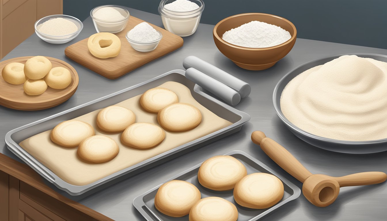 A kitchen counter with a rolling pin, flour, and a bowl of dough, next to a tray of unbaked kolaches ready for proofing and baking