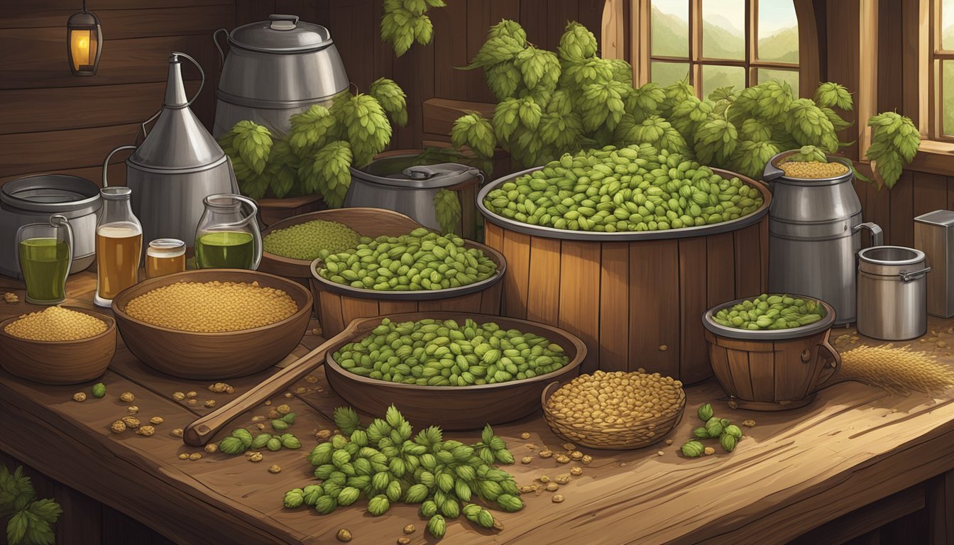 A rustic wooden table with a variety of hops, barley, and other brewing ingredients scattered across it. A large pot and brewing equipment are arranged nearby