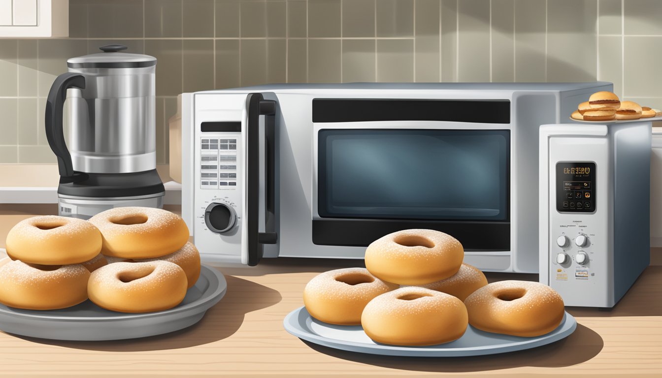 A kitchen counter with a tray of freshly baked Texas kolaches and a microwave for reheating