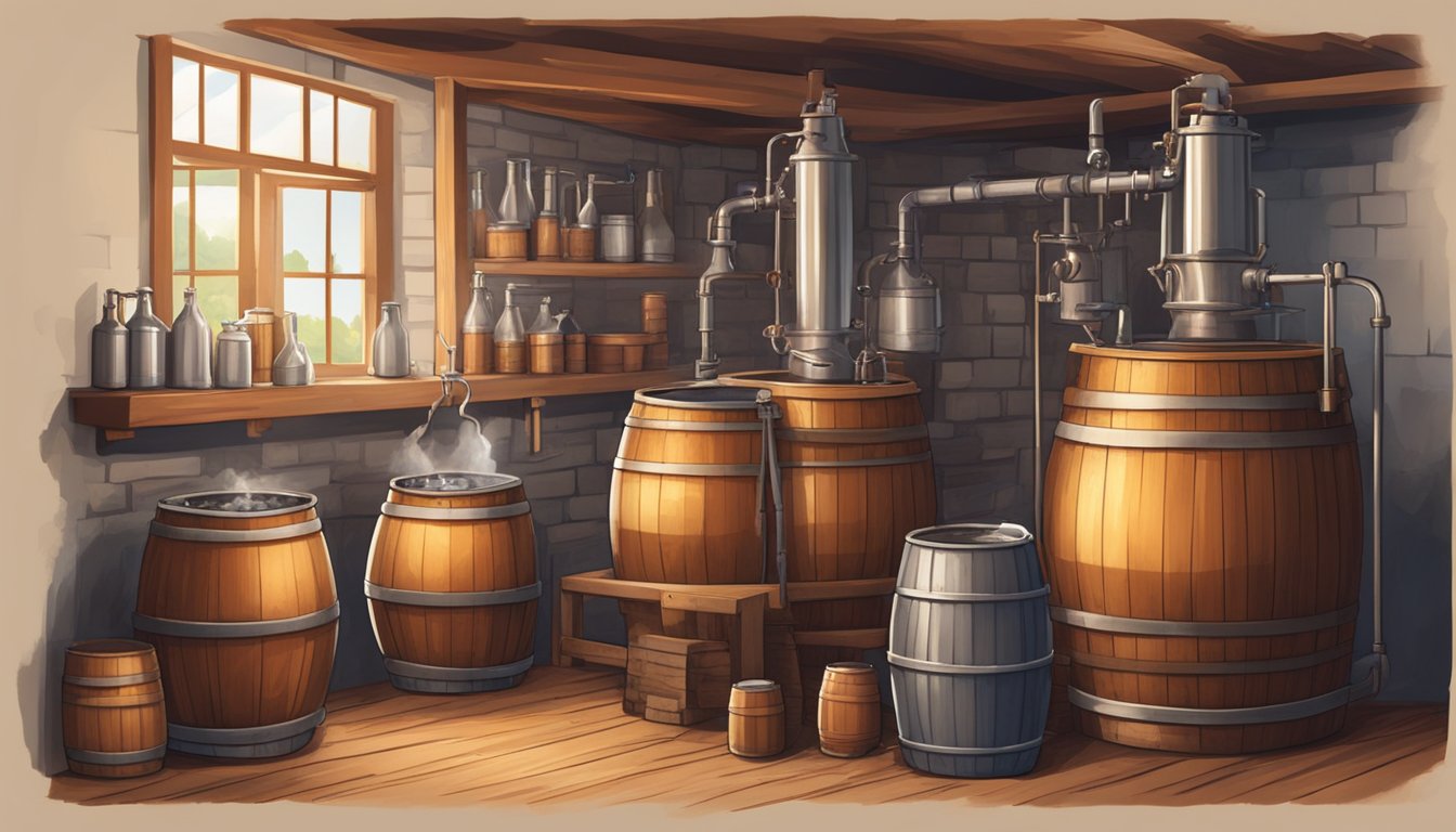 A rustic brewery with copper kettles, wooden barrels, and Texas flags hanging on the walls. A brewer carefully pours hops into a large pot while steam rises from the boiling liquid