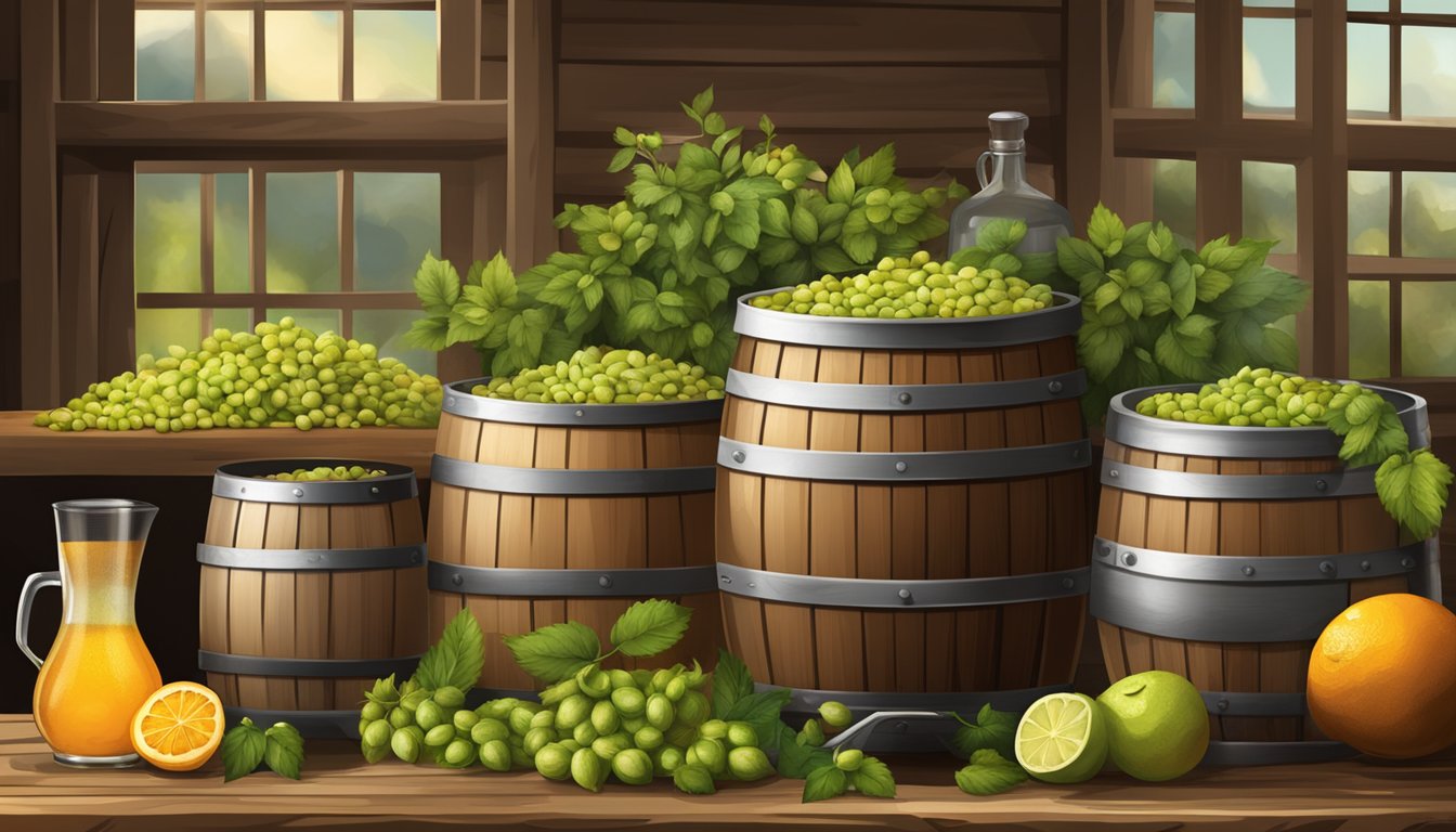 A rustic brewery with barrels and hops, a steaming brew kettle, and a table of flavoring ingredients like citrus, spices, and herbs