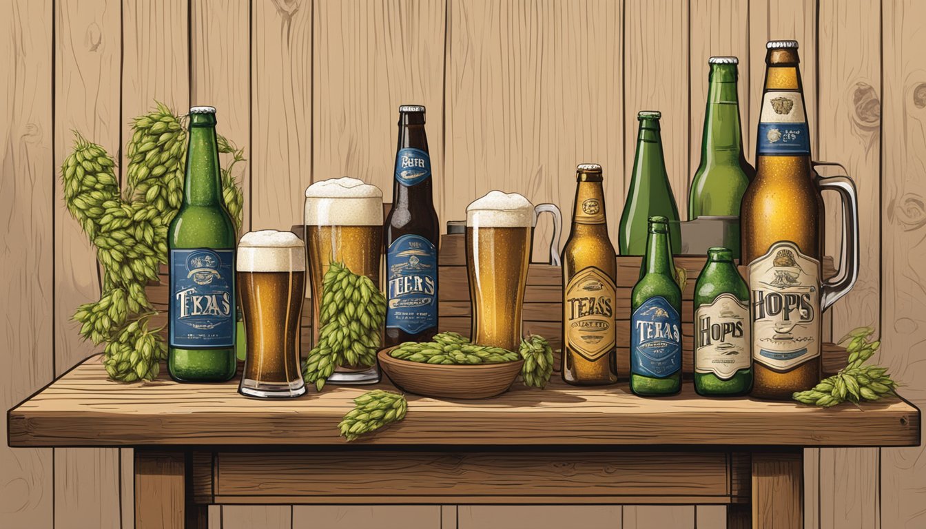 A rustic wooden table with brewing equipment, hops, barley, and Texas-themed beer bottles arranged neatly