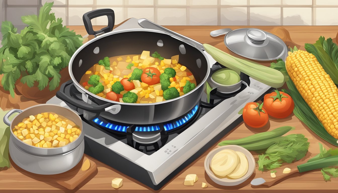 A pot simmering on a stovetop with a ladle, corn, potatoes, and other ingredients nearby. A cutting board with chopped vegetables and a knife