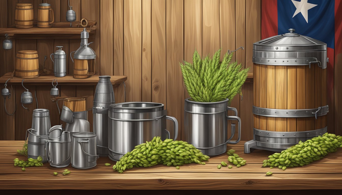 A rustic wooden table with a variety of brewing equipment, hops, barley, and a Texas flag hanging in the background