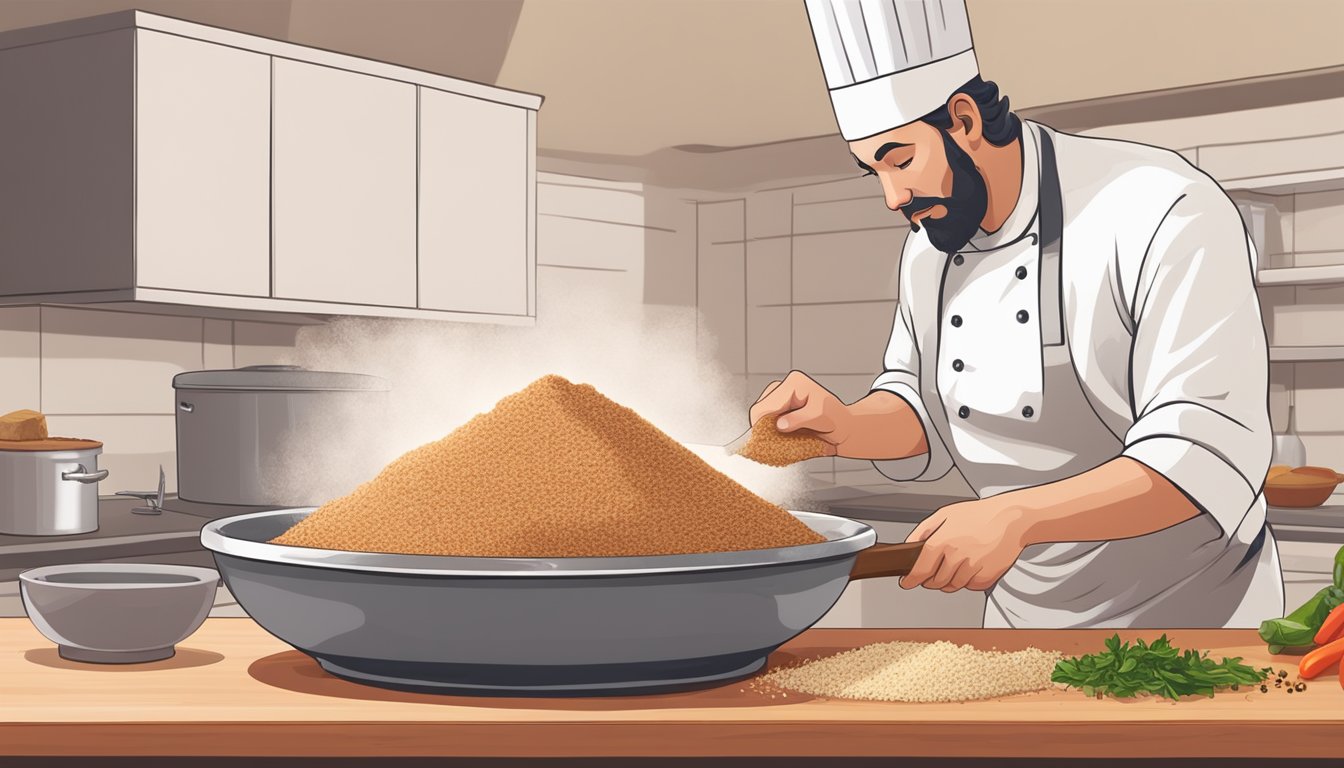 A chef mixing ground meat, breadcrumbs, and spices in a large bowl, preparing to shape the mixture into a loaf on a cutting board