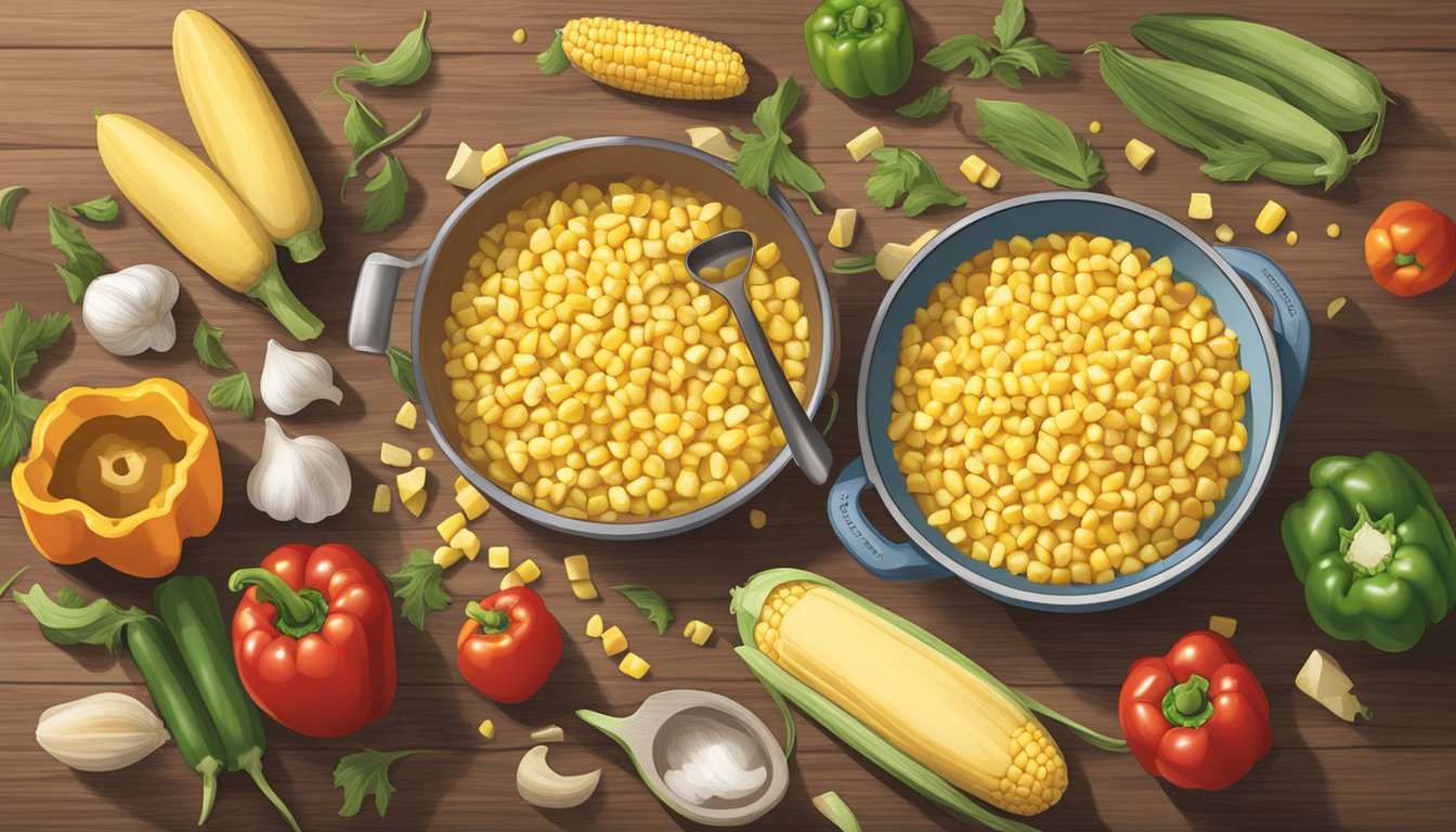 A rustic kitchen counter with fresh corn, potatoes, and bell peppers being chopped and prepared for a Texas style corn chowder