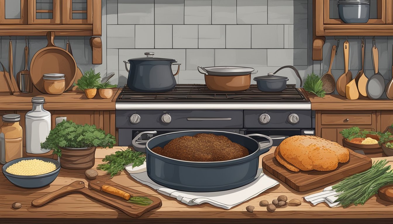 A rustic kitchen with a vintage oven, a wooden cutting board, and various spices and ingredients laid out for making Texas-style meatloaf