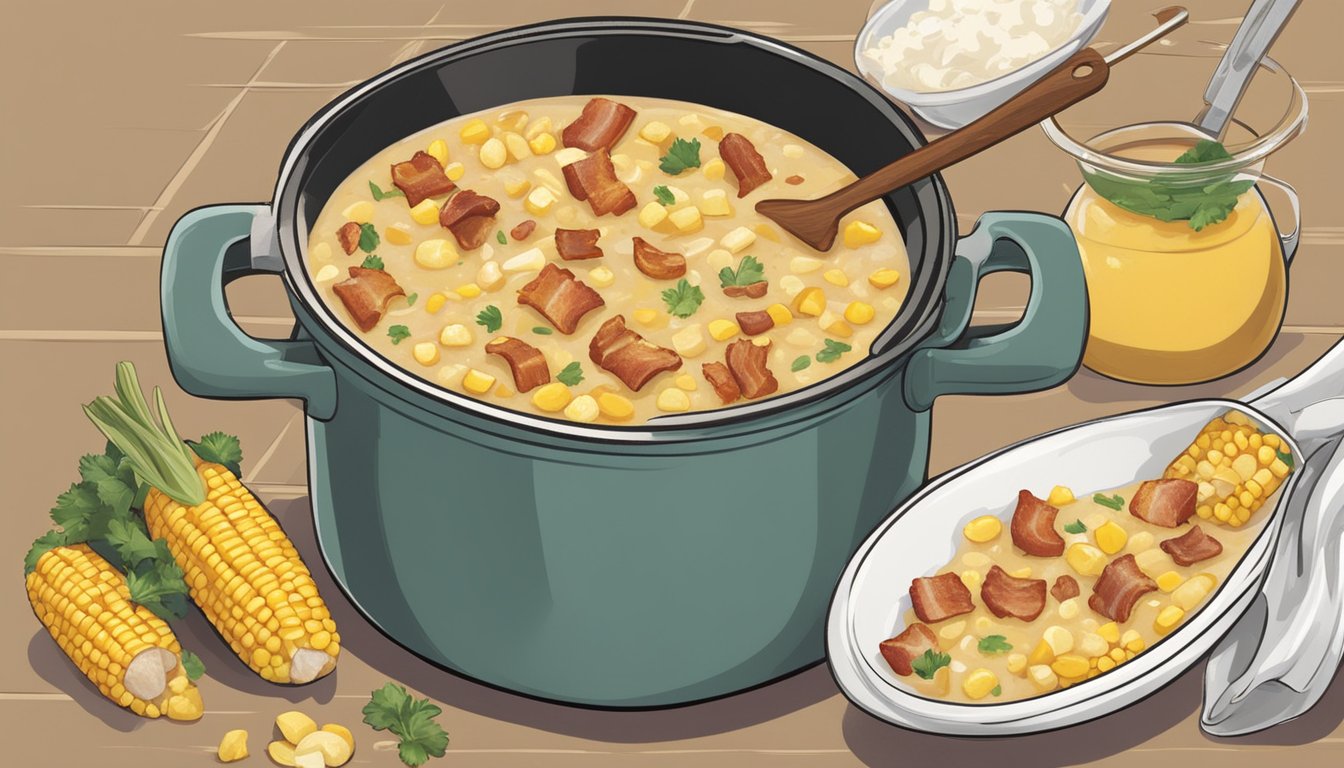 A large pot simmers on a stovetop, filled with diced potatoes, corn kernels, and chunks of bacon in a creamy broth. A chef adds a dash of cayenne pepper for a Texas kick