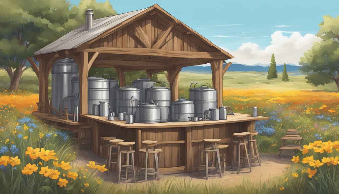 A rustic wooden brewing setup surrounded by Texas wildflowers and a clear blue sky