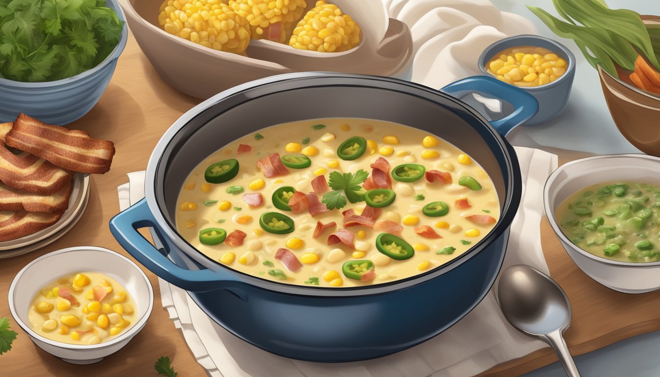 A large pot simmering with creamy corn chowder, surrounded by ingredients like bacon, jalapenos, and potatoes, with a hint of smoky flavor in the air