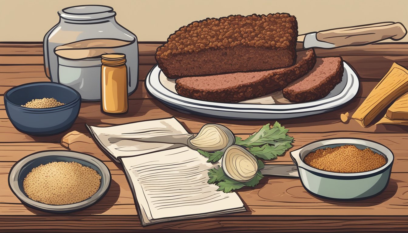 A rustic kitchen with ingredients like ground beef, breadcrumbs, onions, and spices laid out on a wooden table. A recipe book open to a page on Texas-style meatloaf sits nearby