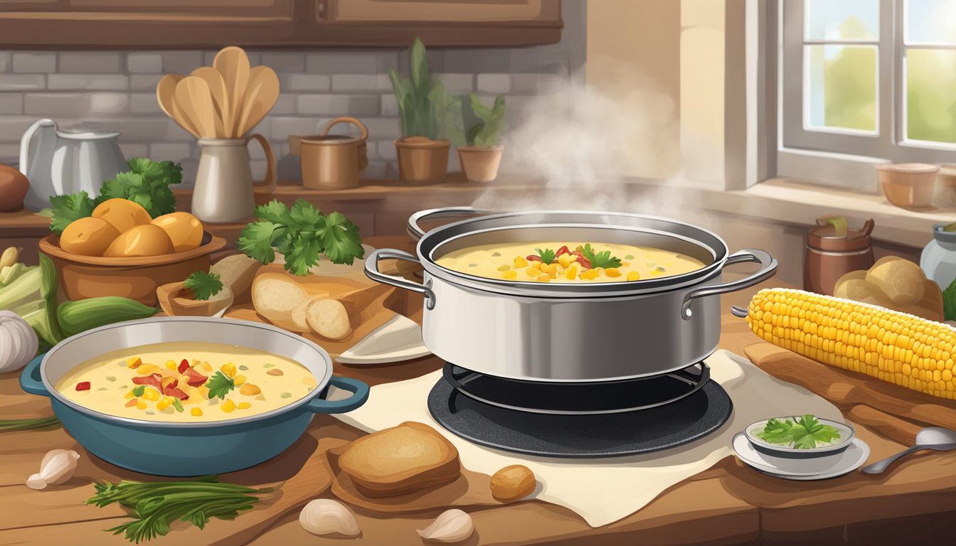 A rustic kitchen with a pot simmering on a stove, filled with creamy corn chowder and surrounded by fresh ingredients like corn, potatoes, and bacon