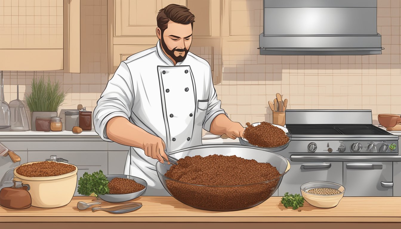 A chef mixing ground beef, breadcrumbs, and spices in a large bowl, adding a splash of barbecue sauce for a Texas-style meatloaf