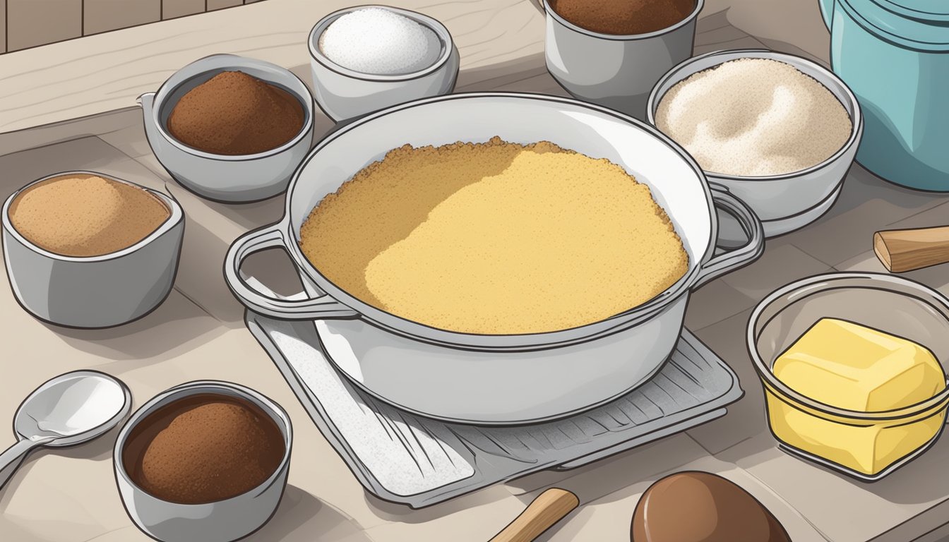 A kitchen counter with flour, cocoa, sugar, eggs, and butter gathered for baking a Texas sheet cake