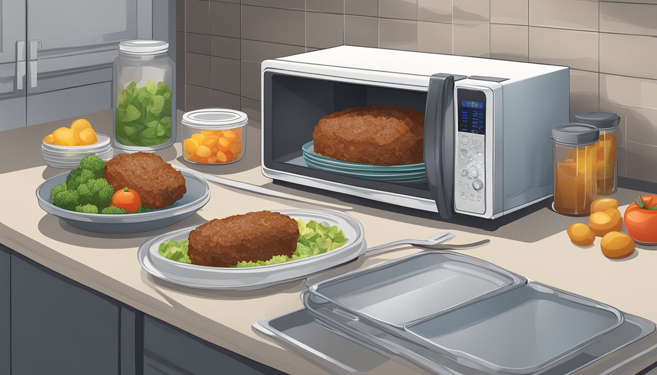 A kitchen counter with a meatloaf wrapped in foil, a microwave, and a set of storage containers for leftovers