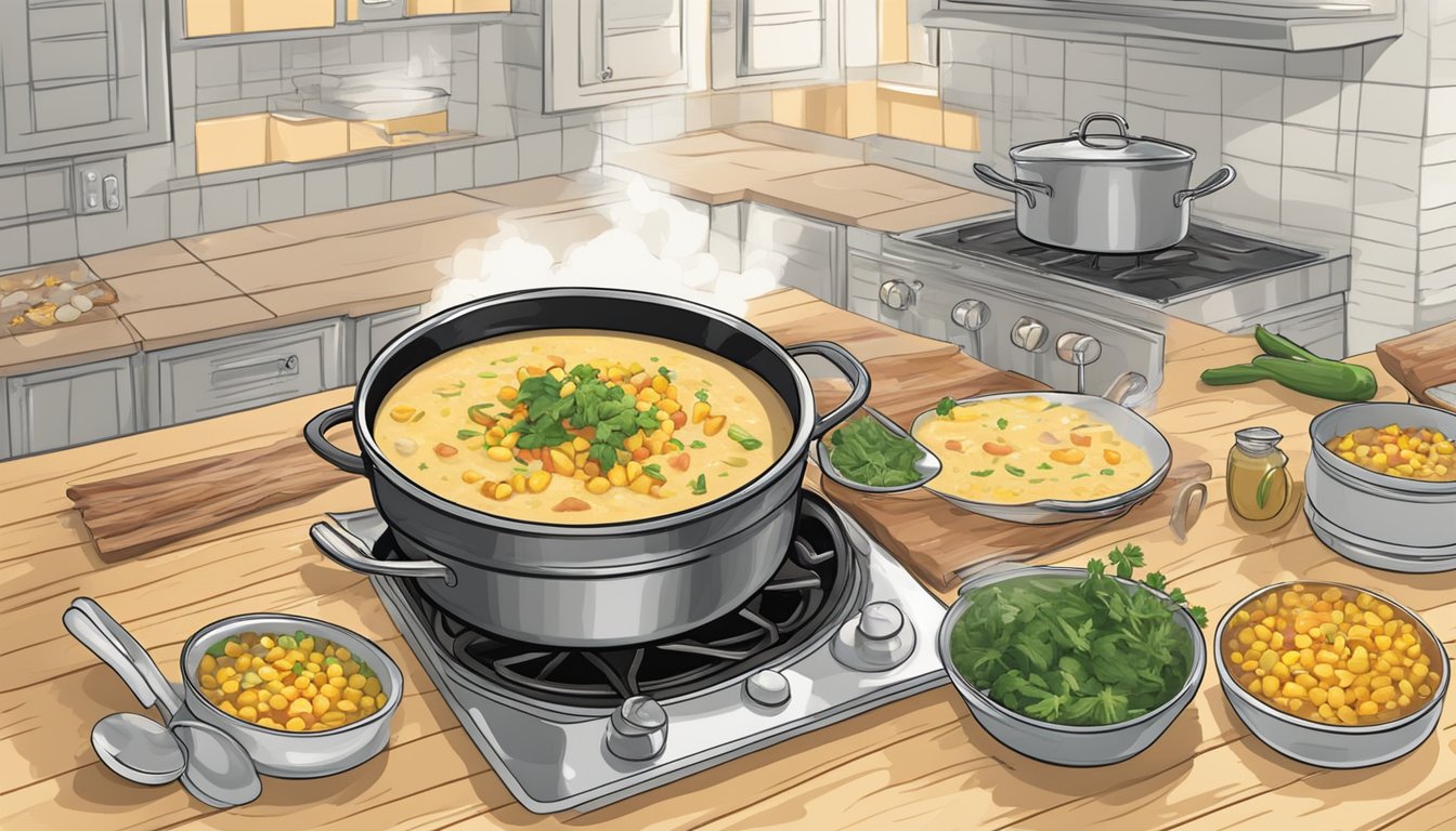 A rustic kitchen with a large pot simmering on a stove, filled with creamy corn chowder. A chef adds diced bacon, jalapenos, and cilantro to give it a Texas twist