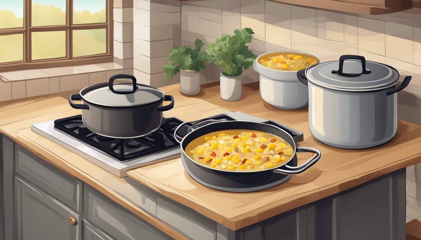 A rustic kitchen with a large pot simmering on the stove, filled with creamy corn chowder. Fresh corn, potatoes, and bacon on the counter