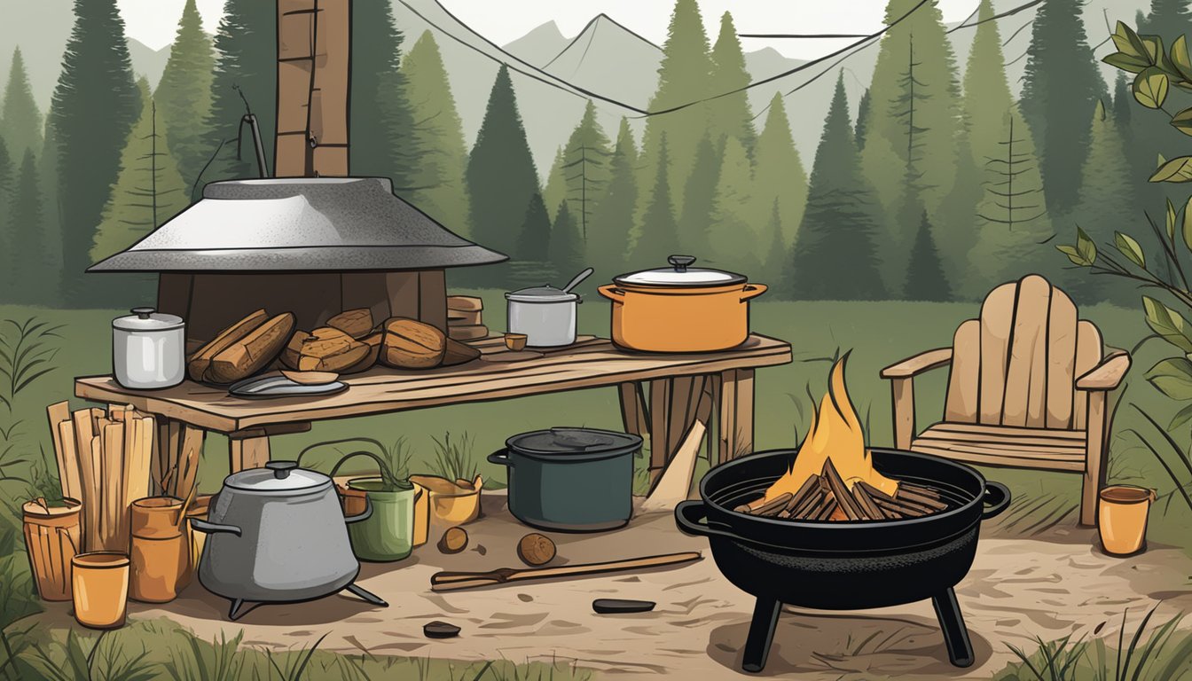 A rustic outdoor setting with a campfire, a cast iron Dutch oven, and various ingredients laid out for cooking