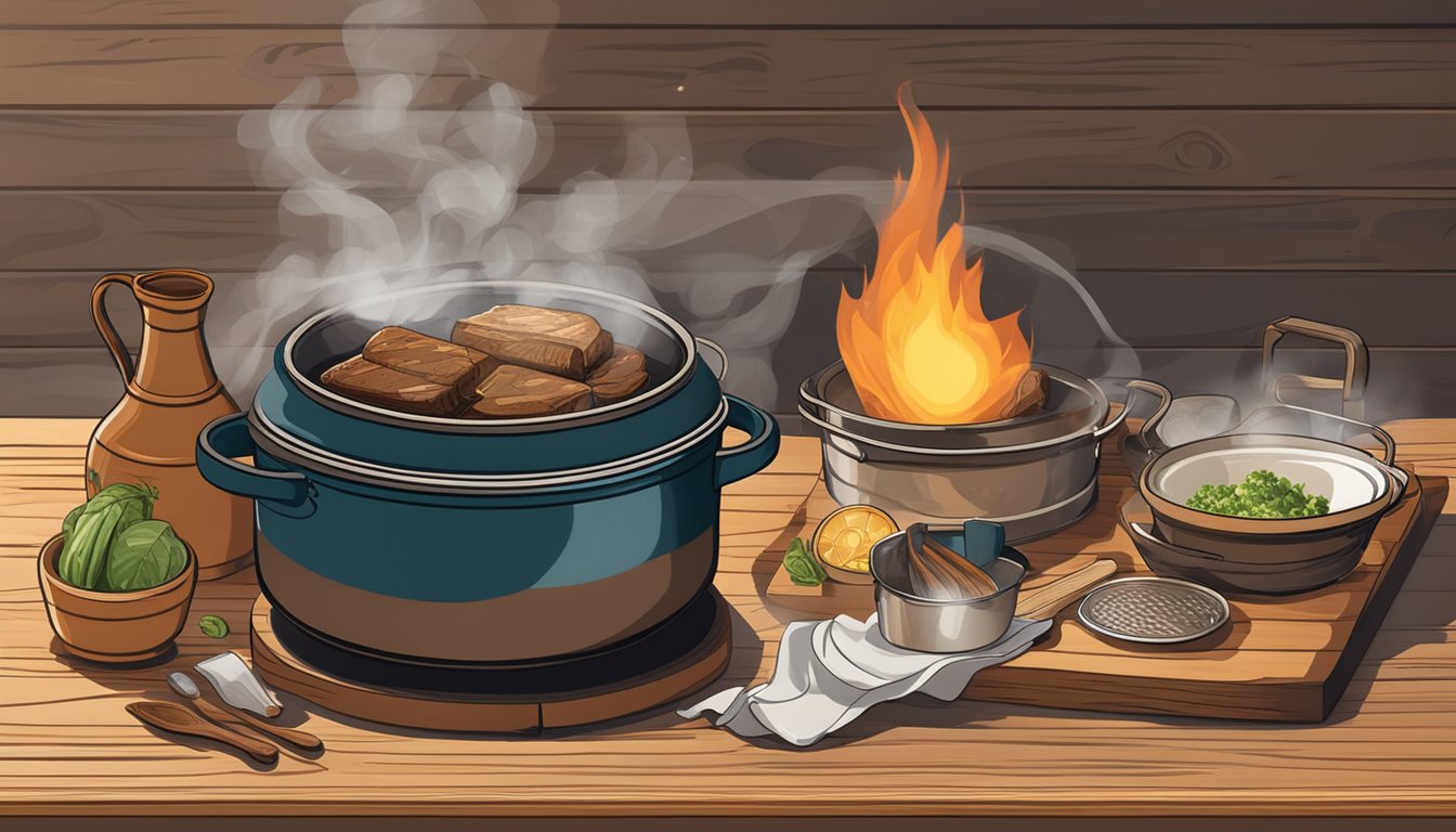 A rustic Texas dutch oven surrounded by ingredients and cooking utensils on a wooden table. Smoke rises from the pot as it simmers over an open flame