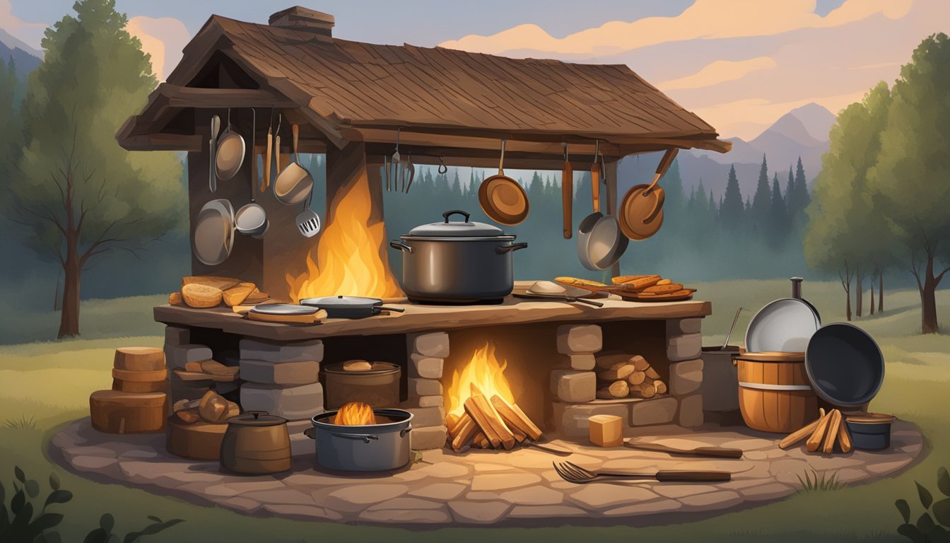 A rustic outdoor kitchen with a Texas dutch oven over a crackling campfire, surrounded by various cooking utensils and ingredients