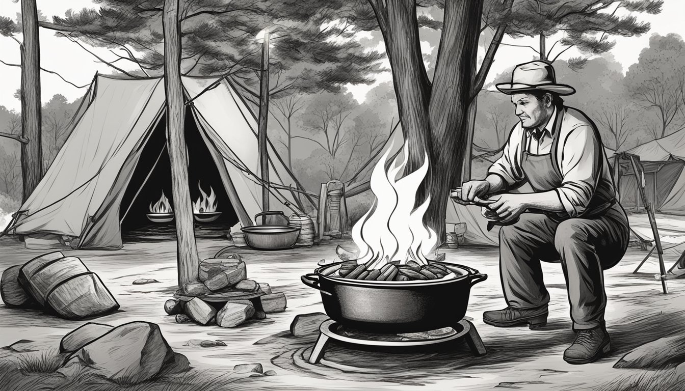 A rustic outdoor campsite with a roaring campfire, a cast iron dutch oven hanging over the flames, and a chef preparing a traditional Texas dish