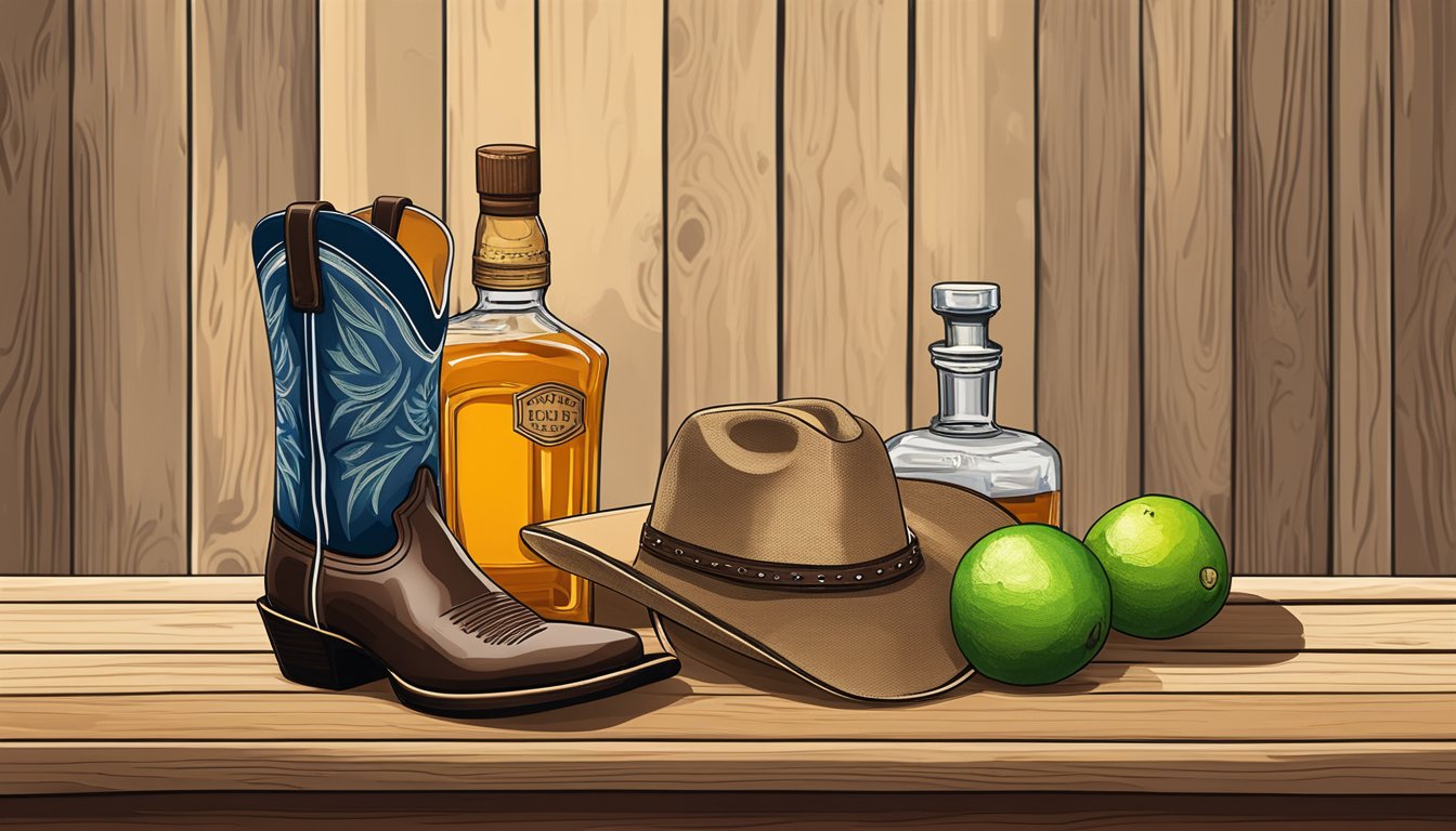 A cowboy hat and boots sit on a wooden bar with a bottle of bourbon, a jar of honey, and a basket of fresh limes