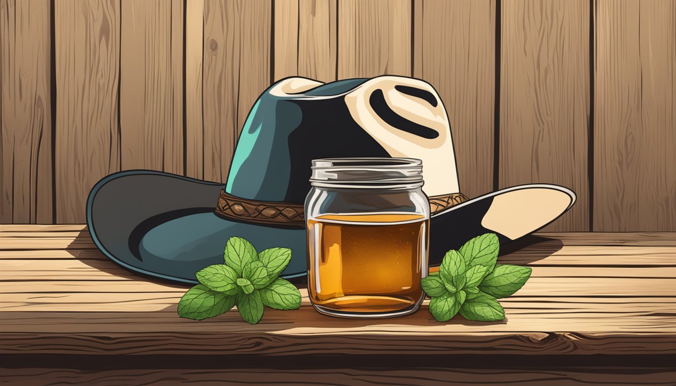 A cowboy hat rests on a weathered wooden bar next to a mason jar filled with amber liquid and a sprig of fresh mint