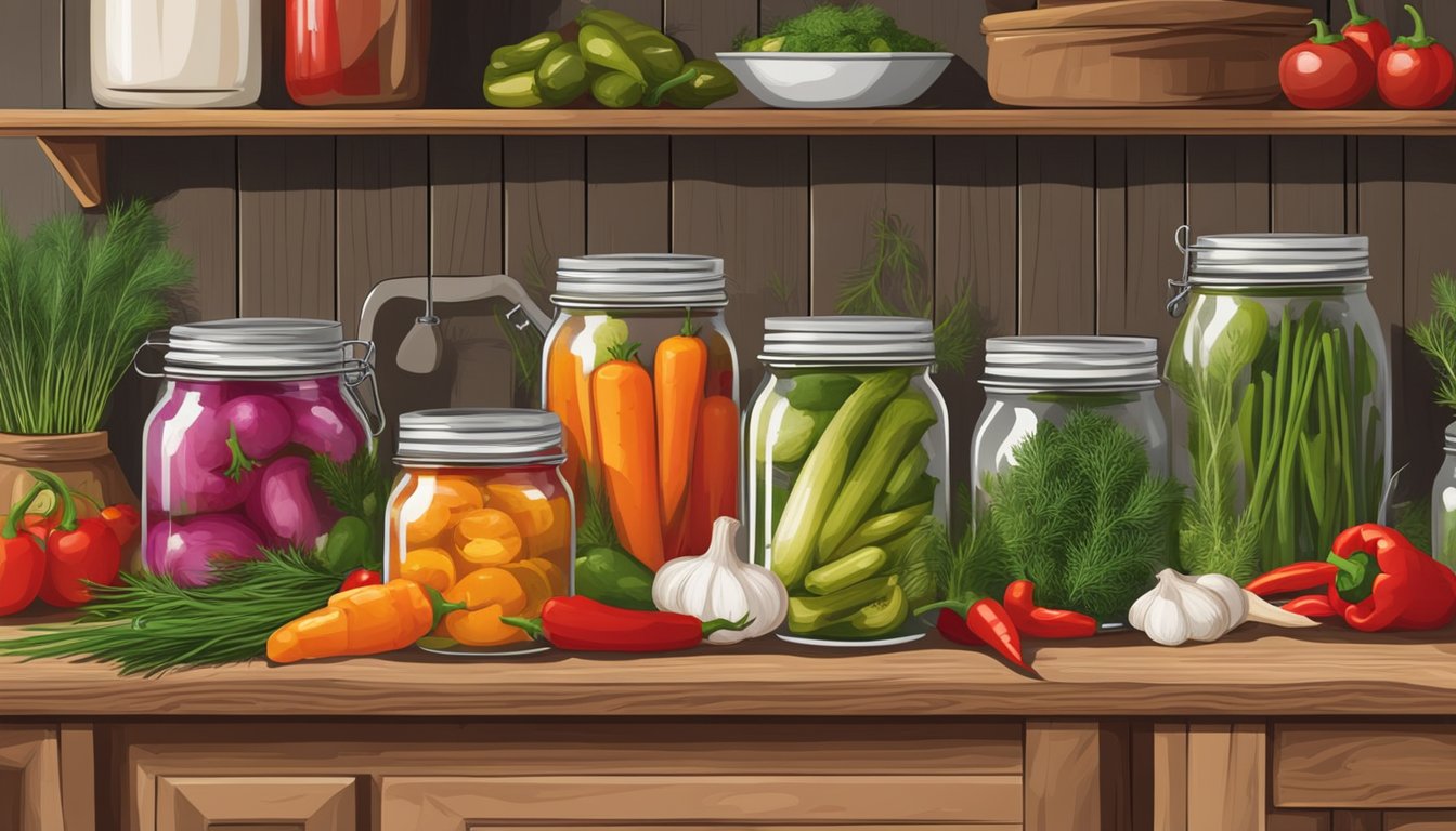 A rustic kitchen counter with mason jars filled with colorful pickled vegetables, surrounded by fresh dill, garlic, and chili peppers