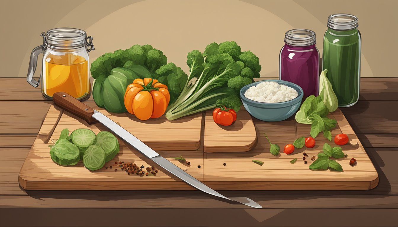 A wooden cutting board with various vegetables, a sharp knife, mason jars, vinegar, and spices laid out on a rustic kitchen table