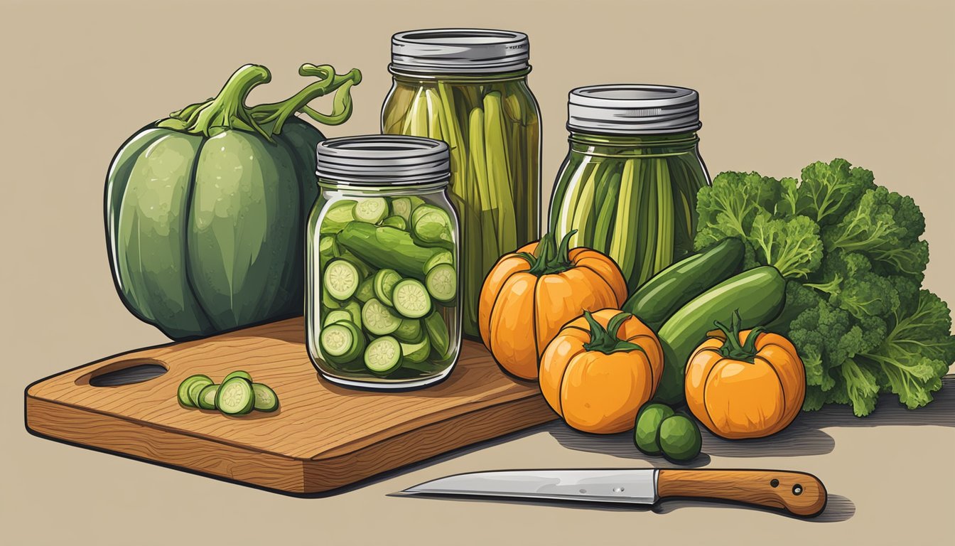 A wooden cutting board with a variety of fresh vegetables, a sharp knife, and a mason jar filled with pickling liquid