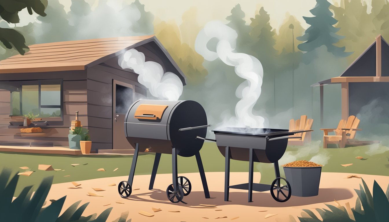 A backyard smoker with a large Texas brisket inside, surrounded by wood chips and a smoky haze