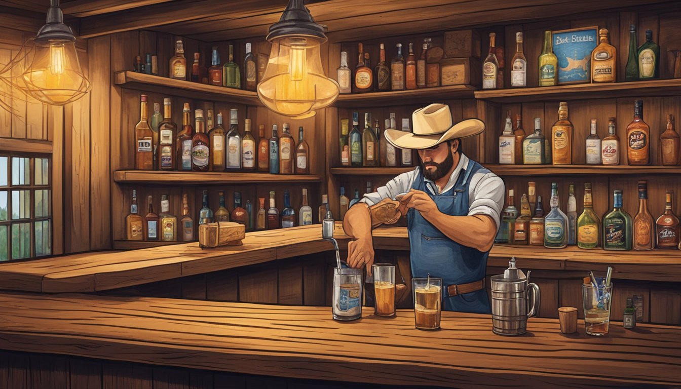 A rustic wooden bar with Texas-themed decor, featuring a bartender crafting a unique cocktail with local ingredients and a Lone Star State flair