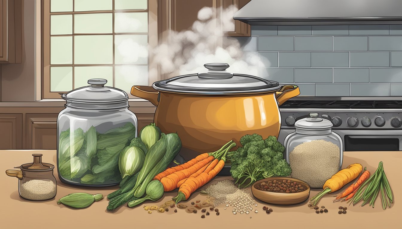 A large pot on a stove with various jars of spices and vegetables, as steam rises from the bubbling pickling brine