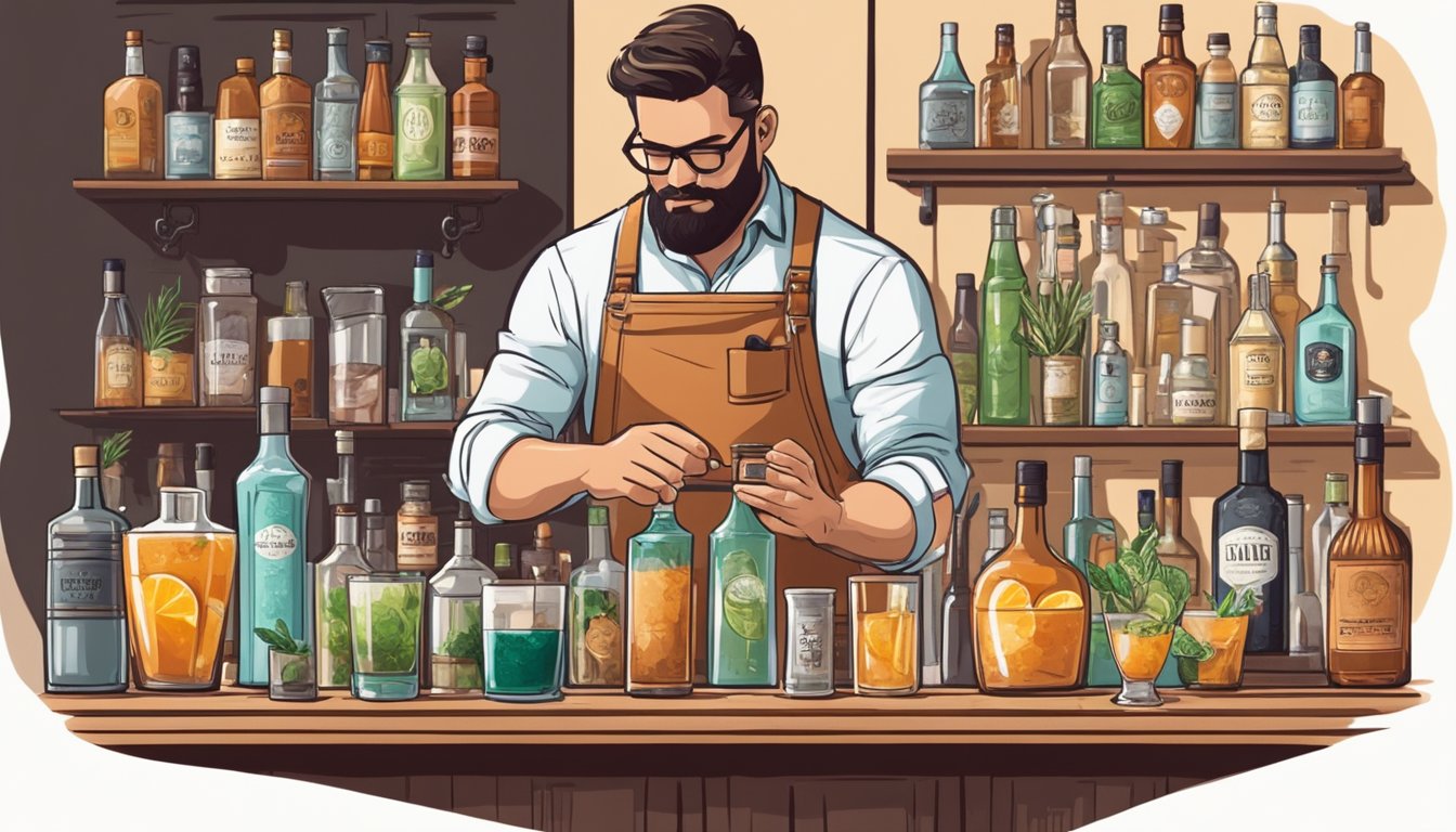 A bartender expertly mixes Texas-inspired ingredients in a sleek cocktail shaker, surrounded by bottles of local spirits and fresh garnishes