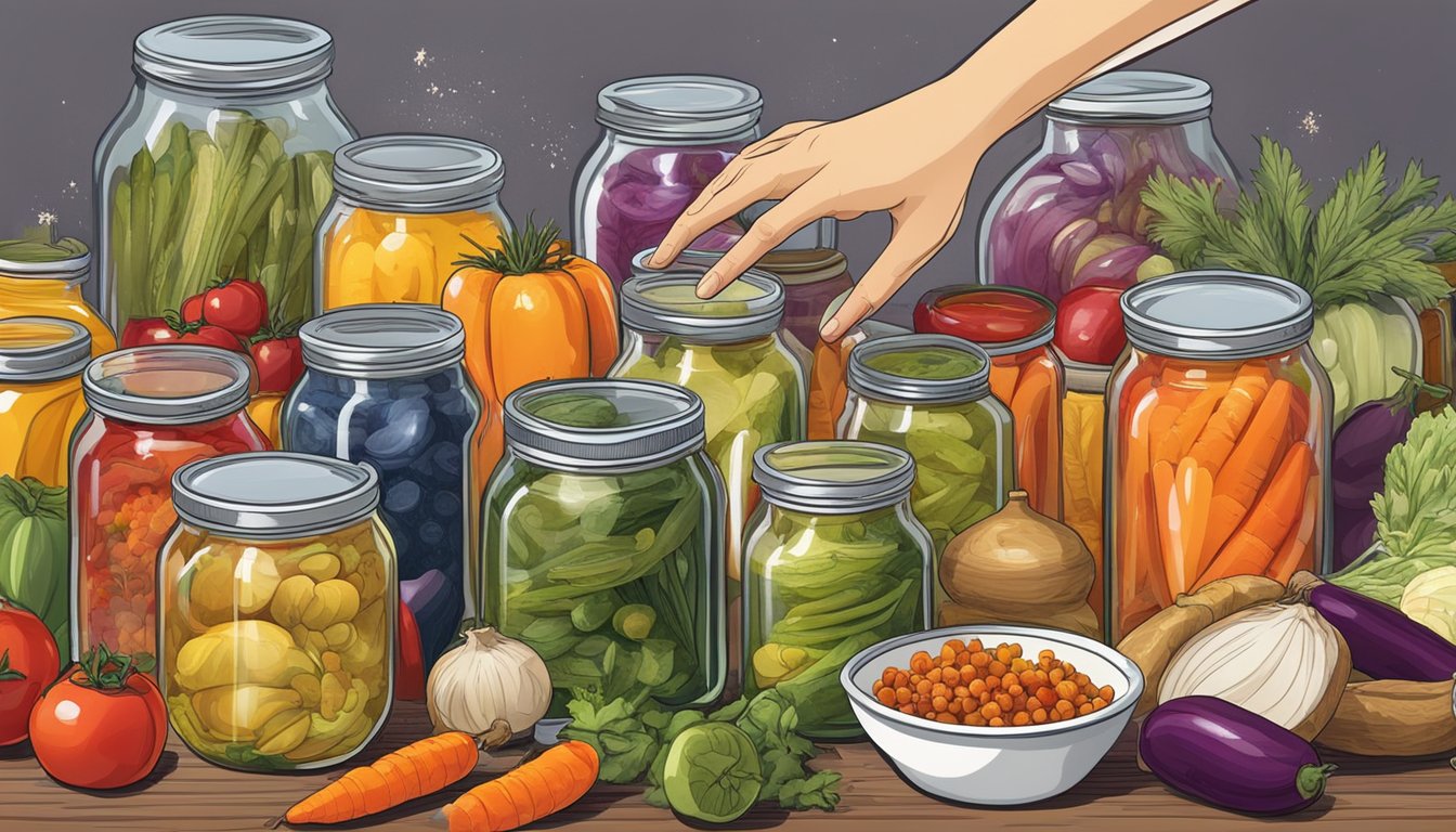 A hand reaching for a jar of pickled vegetables, surrounded by a variety of colorful, fresh produce and jars of spices, with a sealing machine in the background